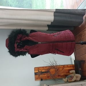 Women's Burgundy Puffer Vest with Faux Fur Hood